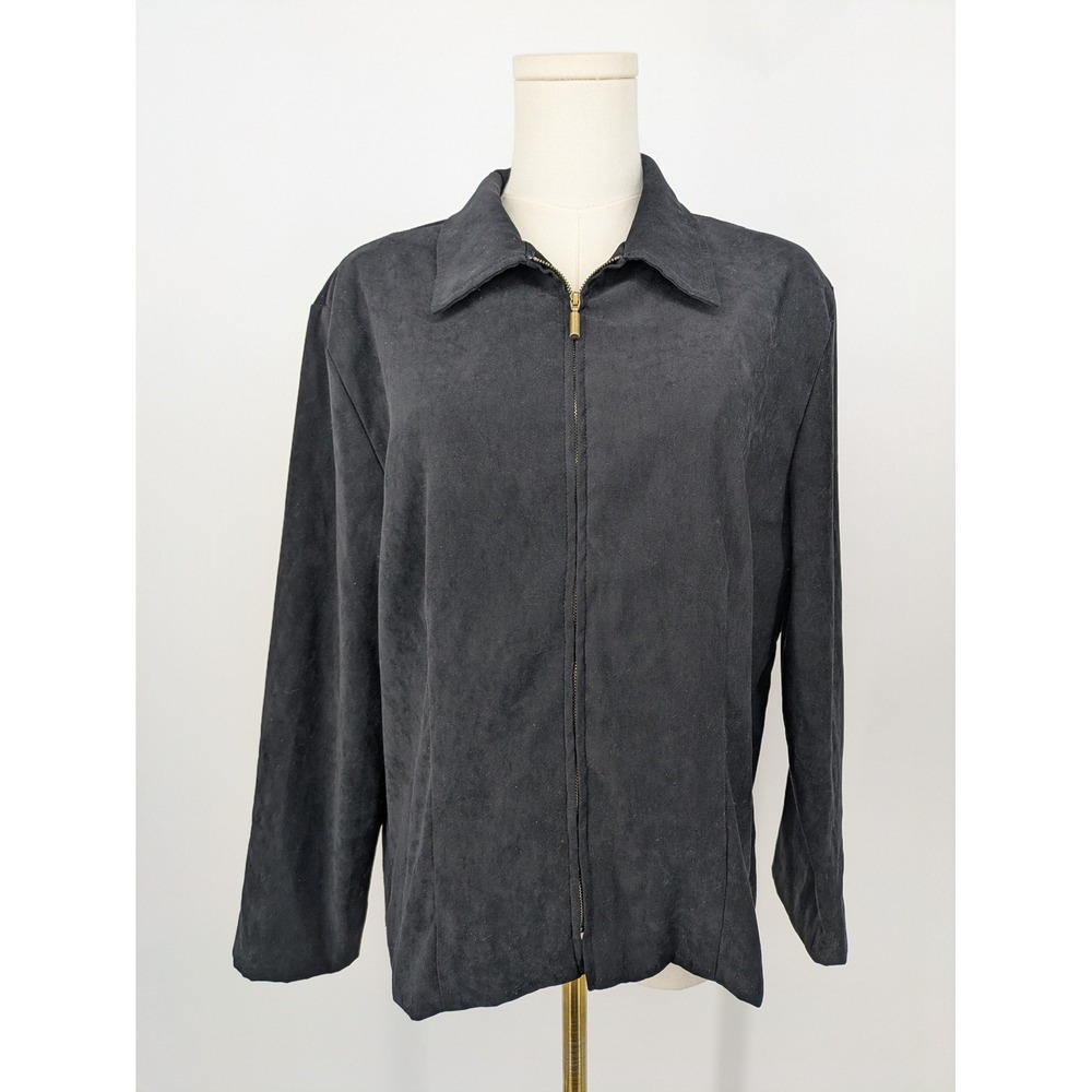 Briggs Jacket Women Petite Large Black Faux Suede Full Zip Collar Minimalist VTG